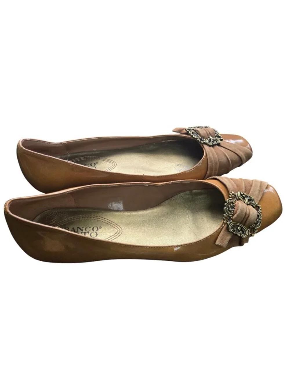 Franco Sarto Panache Tan Patent Leather Suede Ornate Buckle Kitten Heel Size 8.5